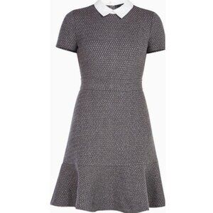 Textured Gray Fit-and-Flare Dress with White Collar